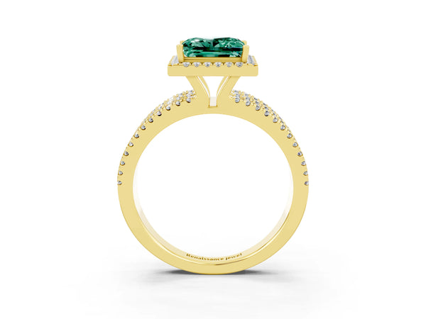 Yellow gold Princess Cut Green Sapphire Halo Engagement Ring with Split Shank and Four-Prong Setting