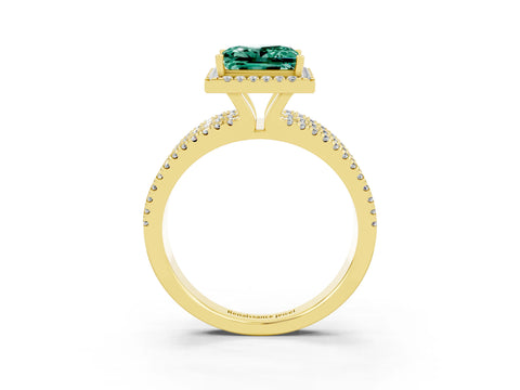 Yellow gold {shape_name} Green Sapphire Halo Engagement Ring with Split Shank and Four-Prong Setting_3