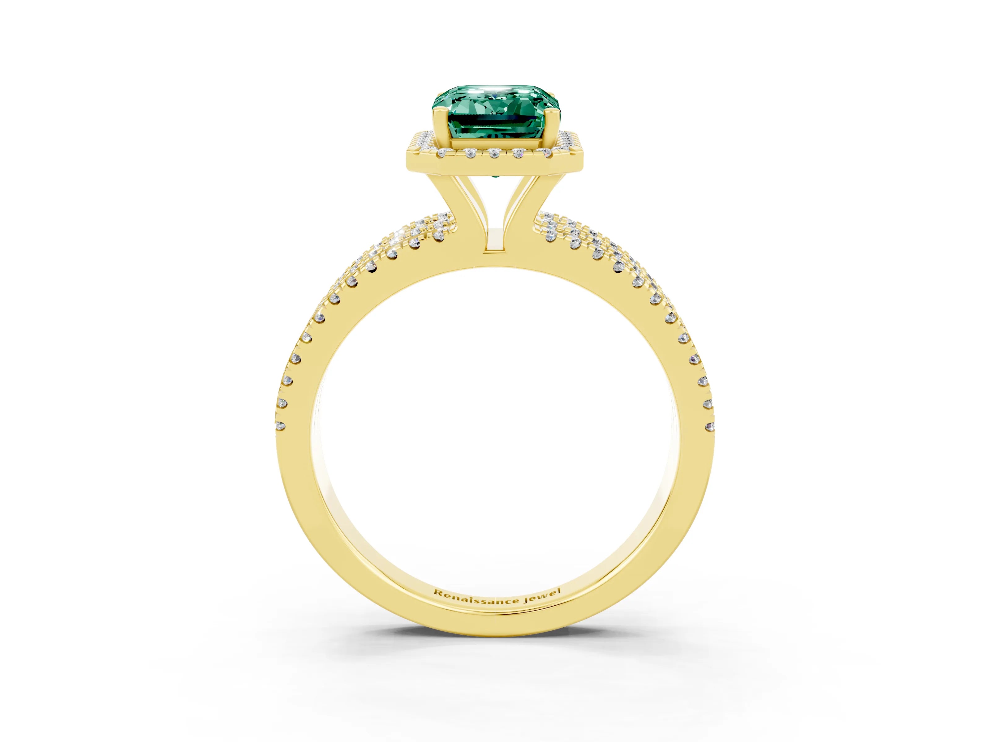 Yellow gold {shape_name} Green Sapphire Halo Engagement Ring with Split Shank and Four-Prong Setting_3