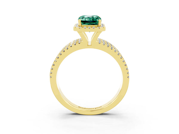 Yellow gold Emerald Cut Green Sapphire Halo Engagement Ring with Split Shank and Four-Prong Setting