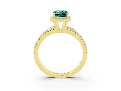 Yellow gold {shape_name} Green Sapphire Halo Engagement Ring with Split Shank and Four-Prong Setting_3