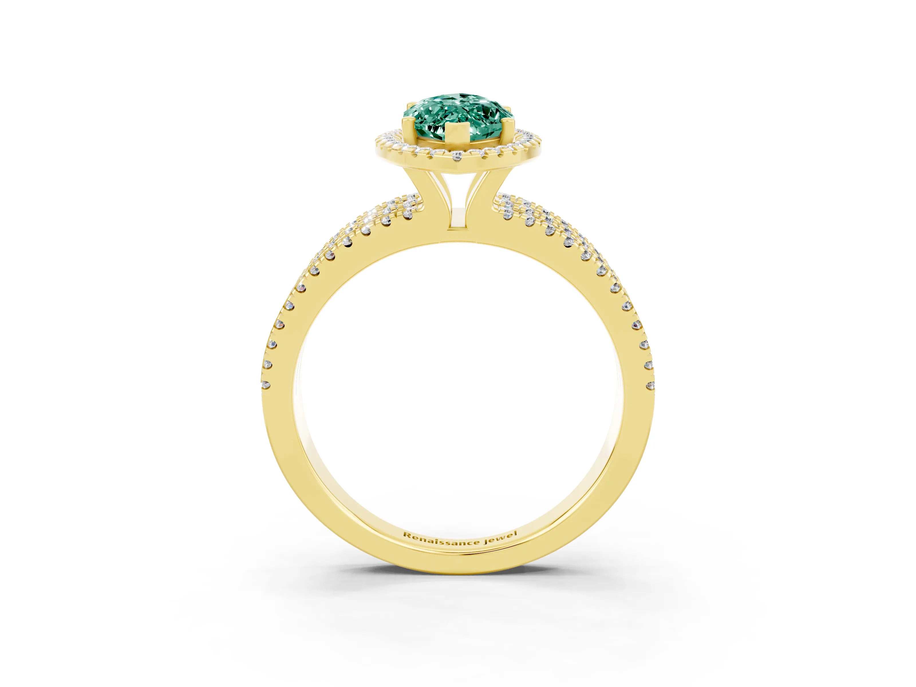 Yellow gold {shape_name} Green Sapphire Halo Engagement Ring with Split Shank and Four-Prong Setting_3