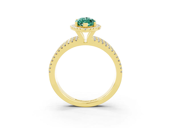 Yellow gold Marquise Cut Green Sapphire Halo Engagement Ring with Split Shank and Four-Prong Setting