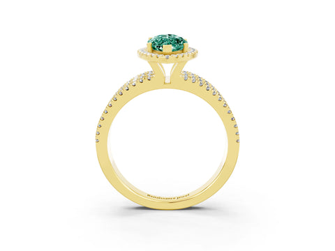 Yellow gold {shape_name} Green Sapphire Halo Engagement Ring with Split Shank and Four-Prong Setting_3