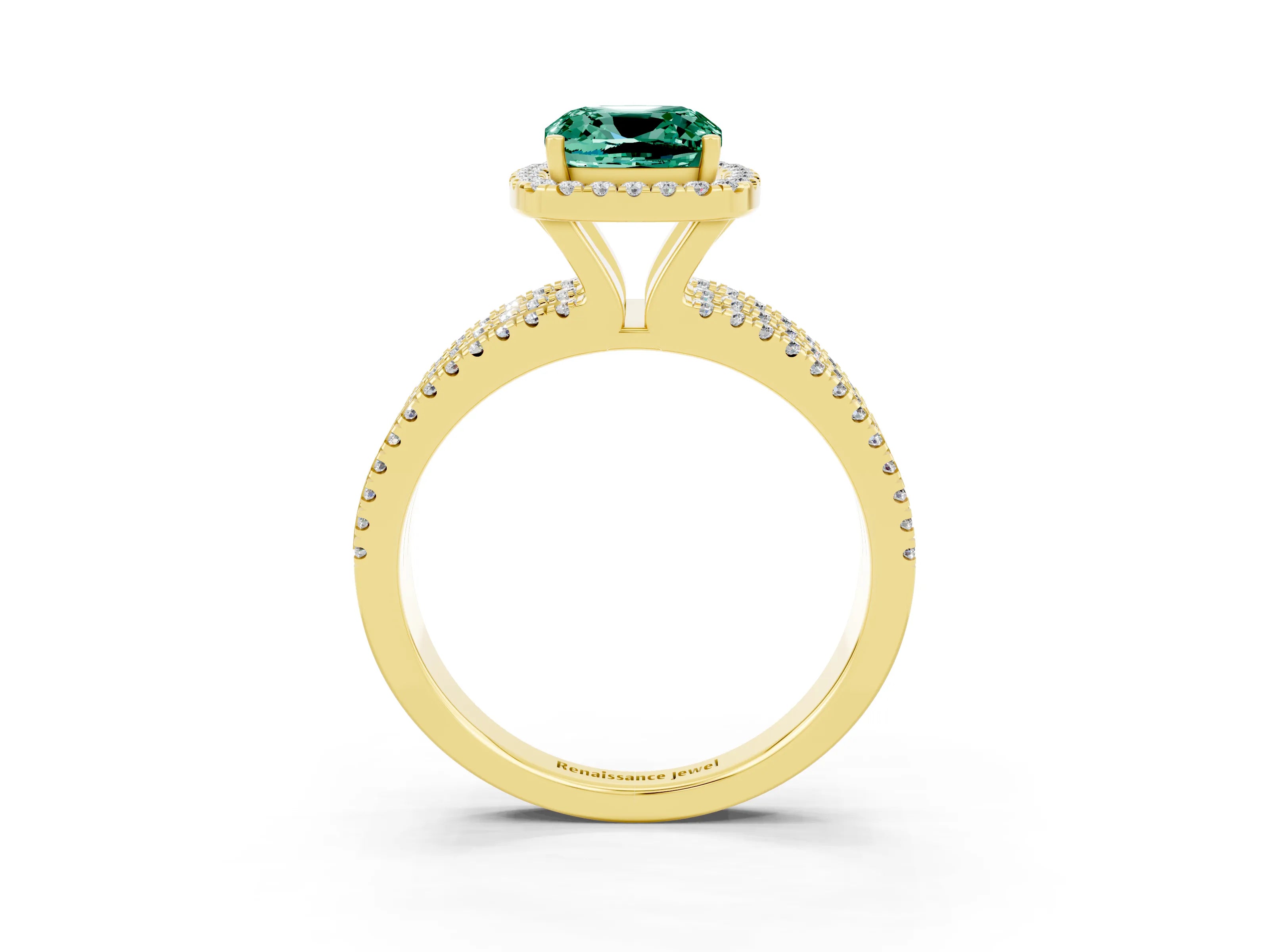 Yellow gold {shape_name} Green Sapphire Halo Engagement Ring with Split Shank and Four-Prong Setting_3