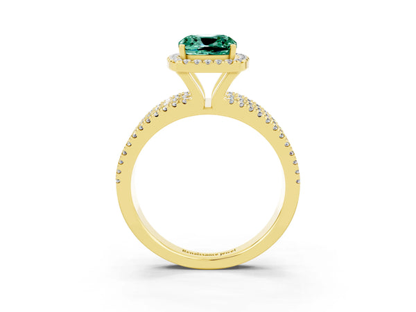 Yellow gold Cushion Cut Green Sapphire Halo Engagement Ring with Split Shank and Four-Prong Setting