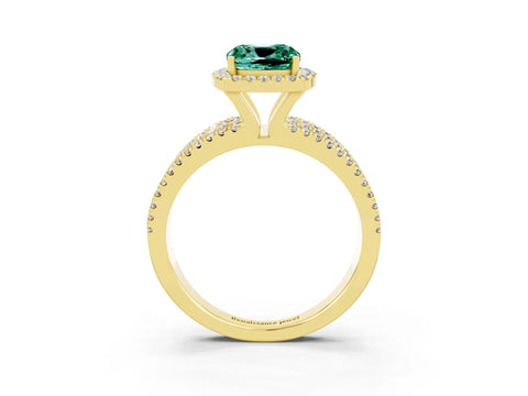 Yellow gold {shape_name} Green Sapphire Halo Engagement Ring with Split Shank and Four-Prong Setting_3