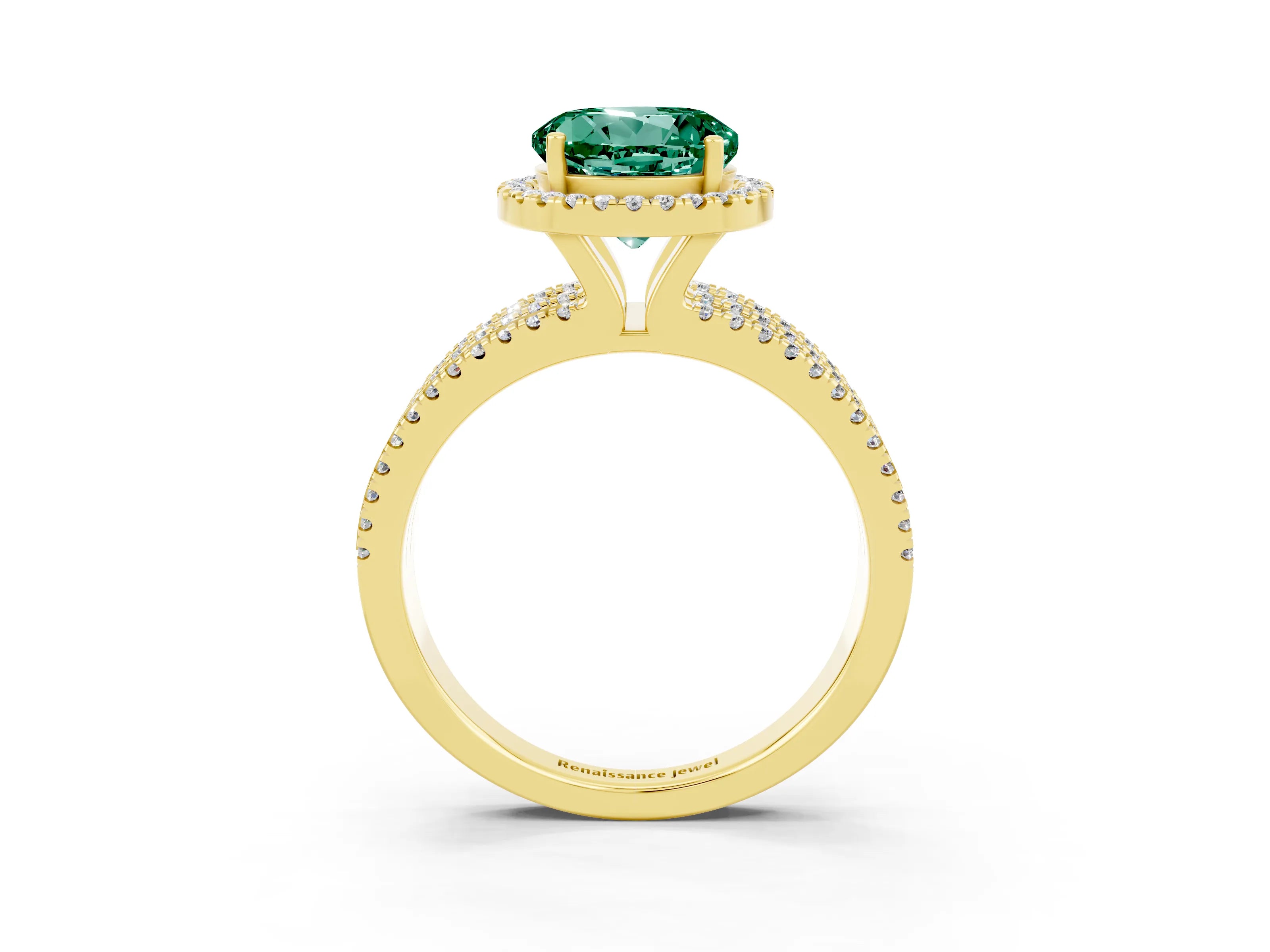 Yellow gold {shape_name} Green Sapphire Halo Engagement Ring with Split Shank and Four-Prong Setting_3