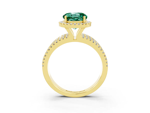 Yellow gold Round Cut Green Sapphire Halo Engagement Ring with Split Shank and Four-Prong Setting
