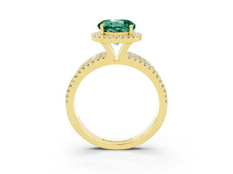 Yellow gold {shape_name} Green Sapphire Halo Engagement Ring with Split Shank and Four-Prong Setting_3