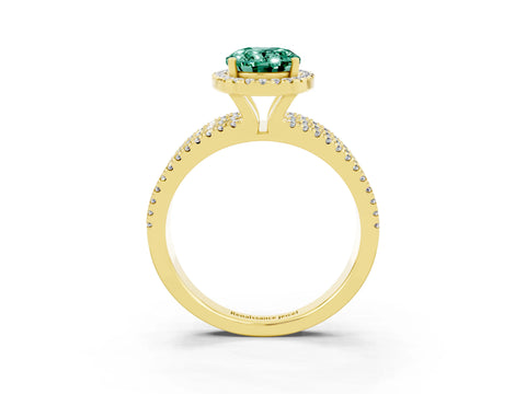 Yellow gold {shape_name} Green Sapphire Halo Engagement Ring with Split Shank and Four-Prong Setting_3