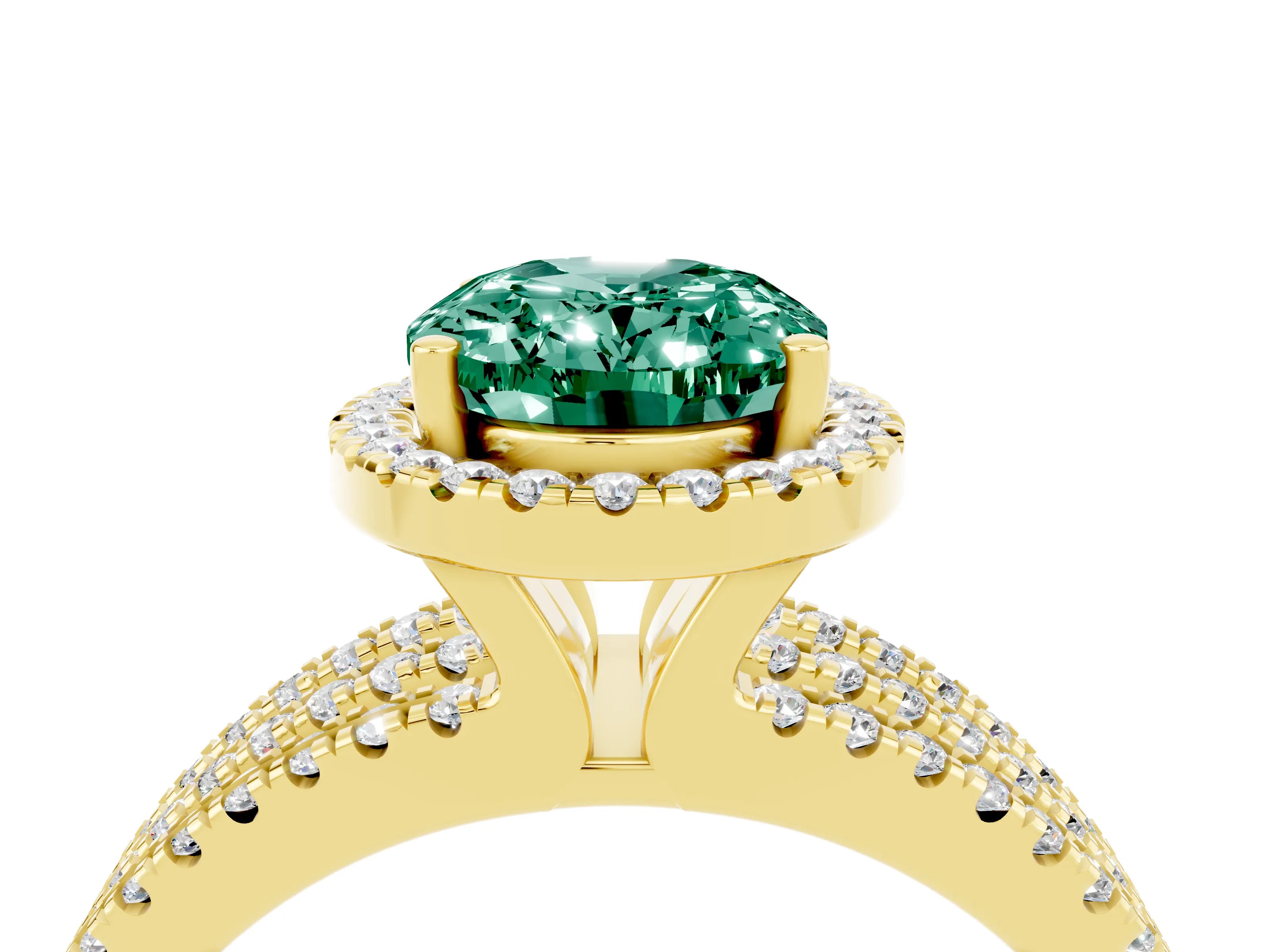 Yellow gold {shape_name} Green Sapphire Halo Engagement Ring with Split Shank and Four-Prong Setting_4