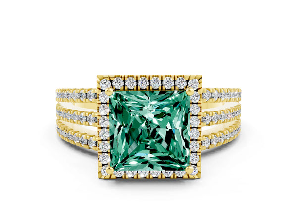 Yellow gold Princess Cut Green Sapphire Halo Engagement Ring with Split Shank and Four-Prong Setting