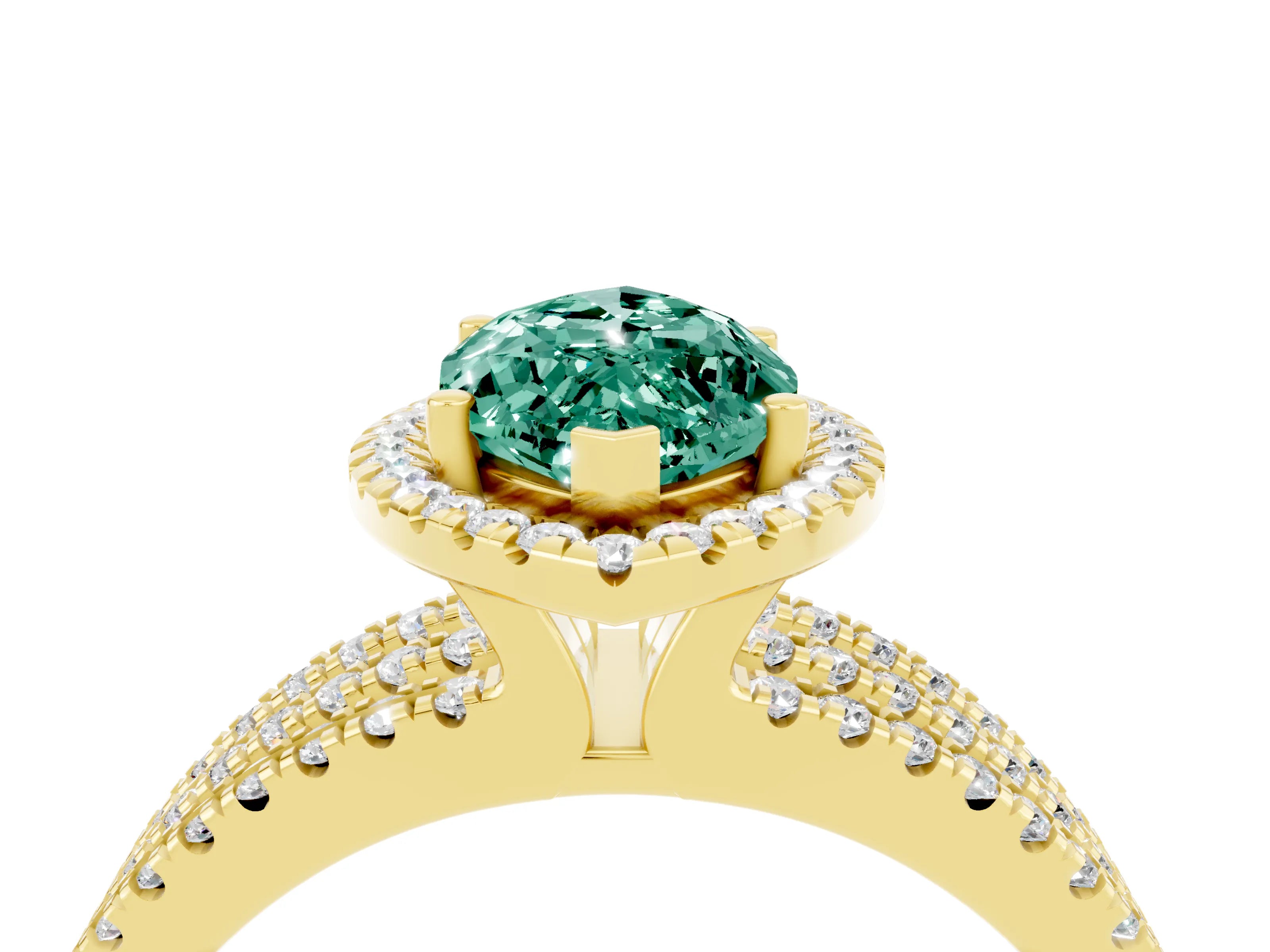 Yellow gold {shape_name} Green Sapphire Halo Engagement Ring with Split Shank and Four-Prong Setting_4