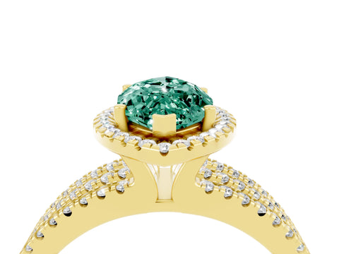 Yellow gold {shape_name} Green Sapphire Halo Engagement Ring with Split Shank and Four-Prong Setting_4