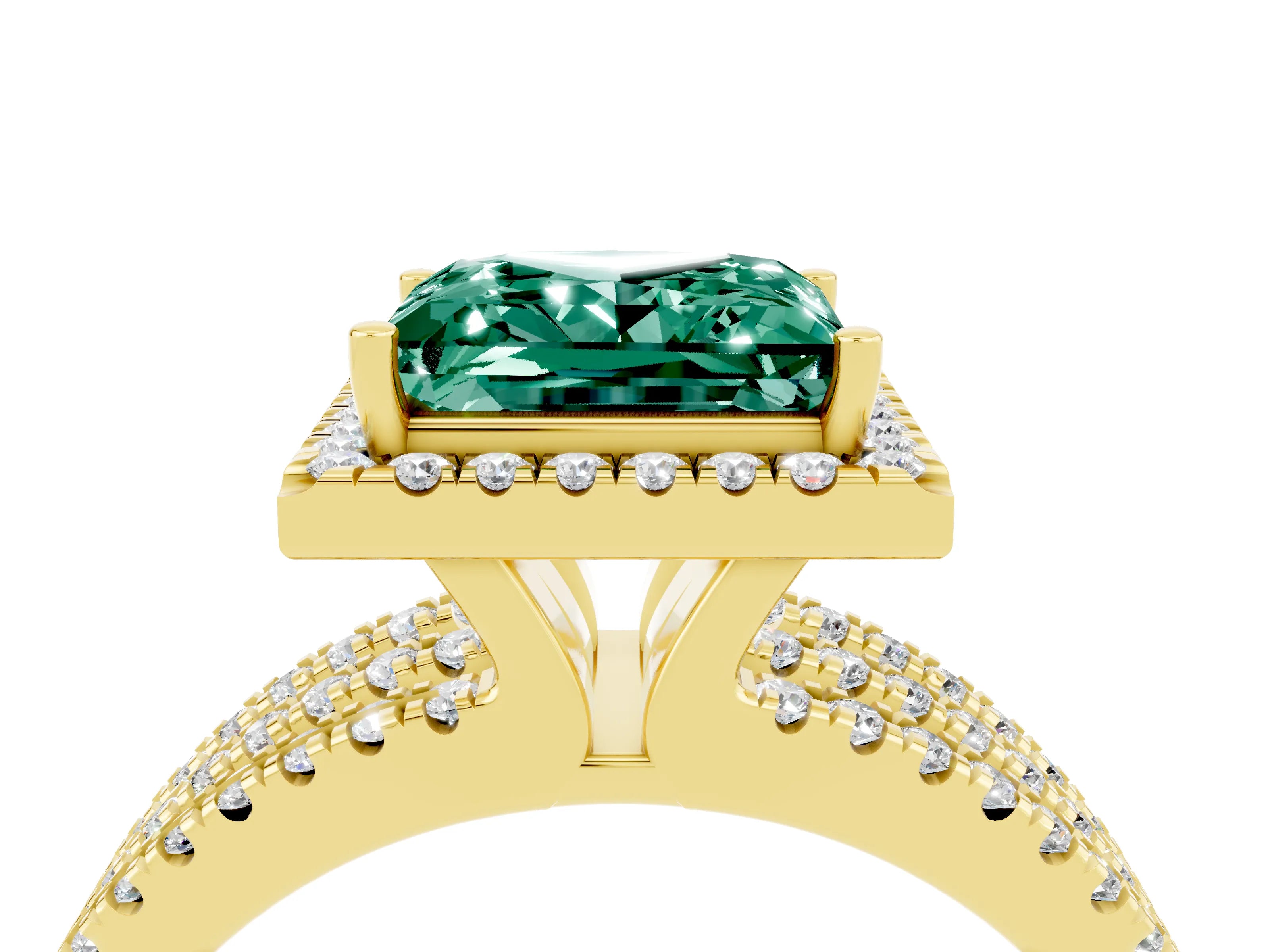 Yellow gold {shape_name} Green Sapphire Halo Engagement Ring with Split Shank and Four-Prong Setting_4