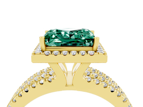 Yellow gold {shape_name} Green Sapphire Halo Engagement Ring with Split Shank and Four-Prong Setting_4