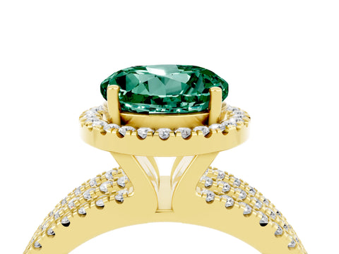Yellow gold {shape_name} Green Sapphire Halo Engagement Ring with Split Shank and Four-Prong Setting_4