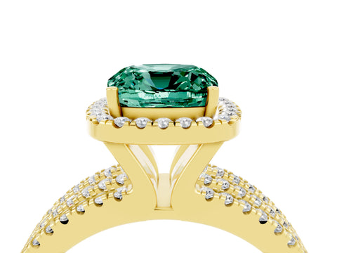 Yellow gold {shape_name} Green Sapphire Halo Engagement Ring with Split Shank and Four-Prong Setting_4