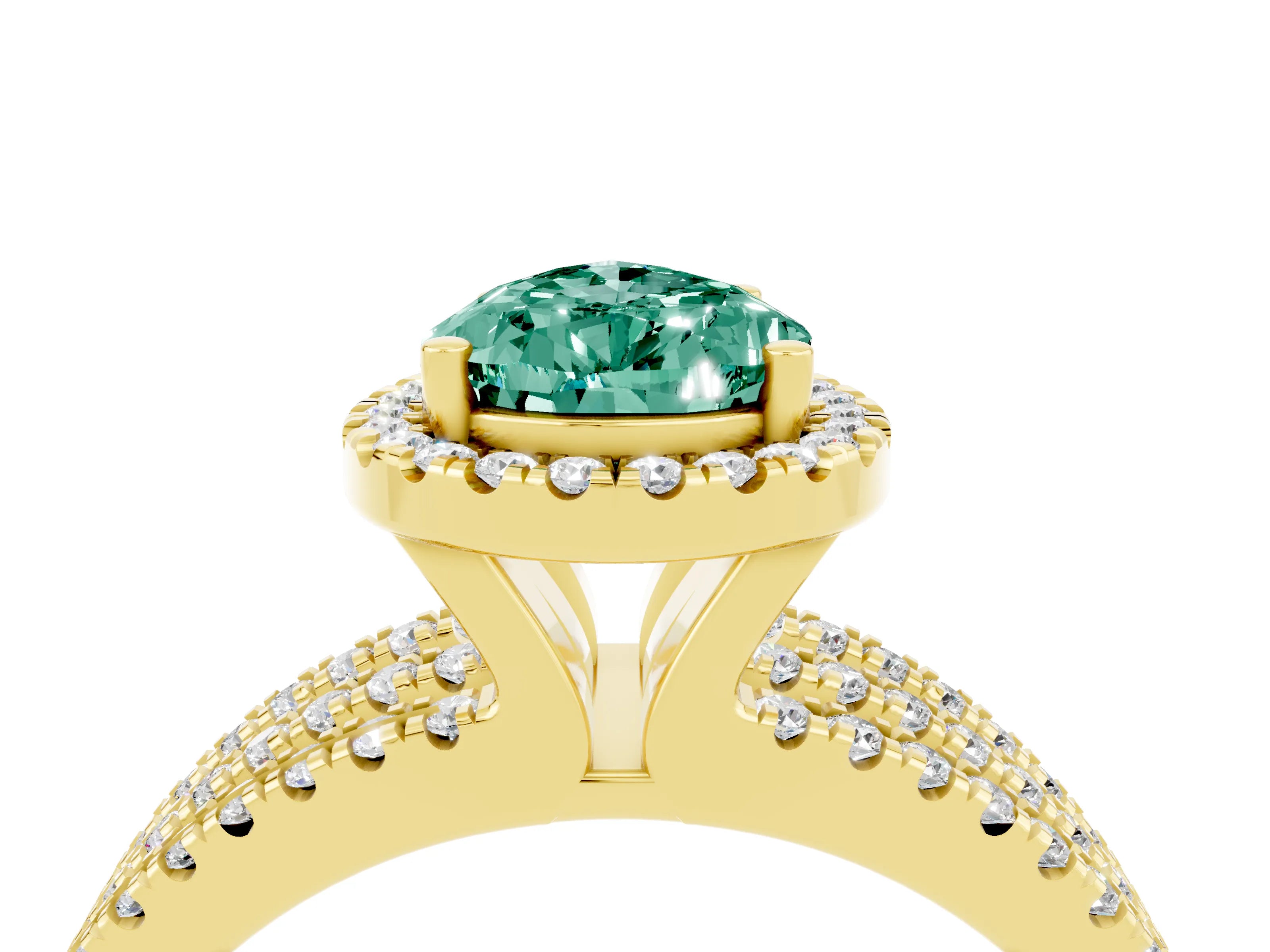Yellow gold {shape_name} Green Sapphire Halo Engagement Ring with Split Shank and Four-Prong Setting_4