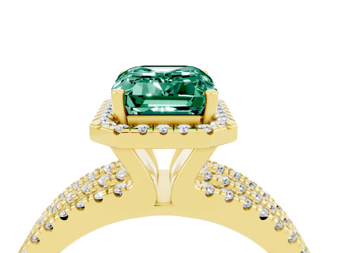 Yellow gold {shape_name} Green Sapphire Halo Engagement Ring with Split Shank and Four-Prong Setting_4