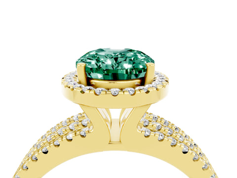 Yellow gold {shape_name} Green Sapphire Halo Engagement Ring with Split Shank and Four-Prong Setting_4