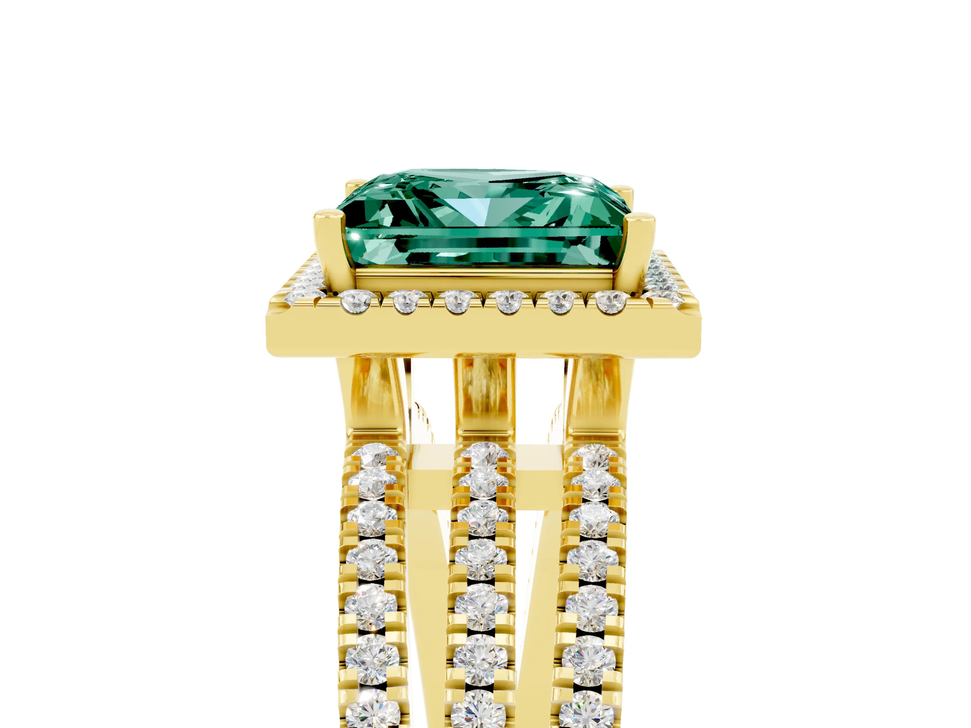 Yellow gold {shape_name} Green Sapphire Halo Engagement Ring with Split Shank and Four-Prong Setting_5