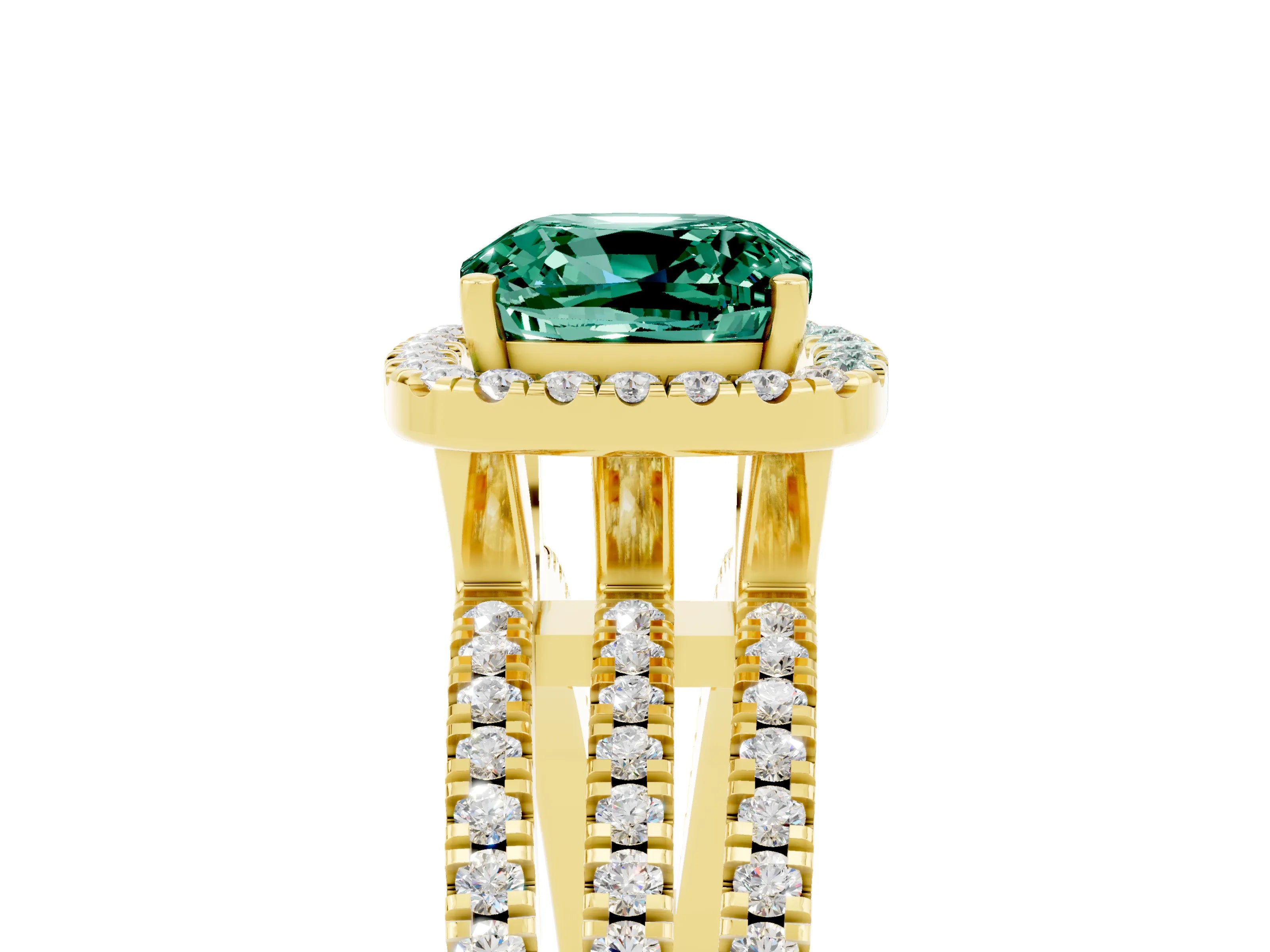 Yellow gold {shape_name} Green Sapphire Halo Engagement Ring with Split Shank and Four-Prong Setting_5