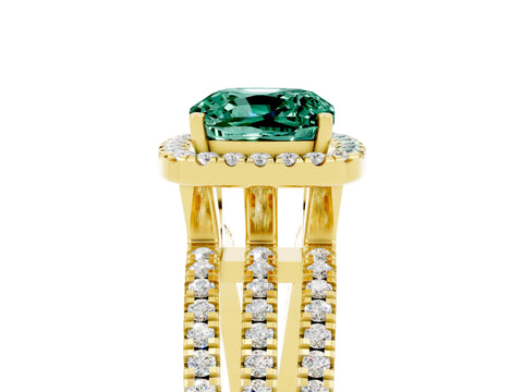 Yellow gold {shape_name} Green Sapphire Halo Engagement Ring with Split Shank and Four-Prong Setting_5