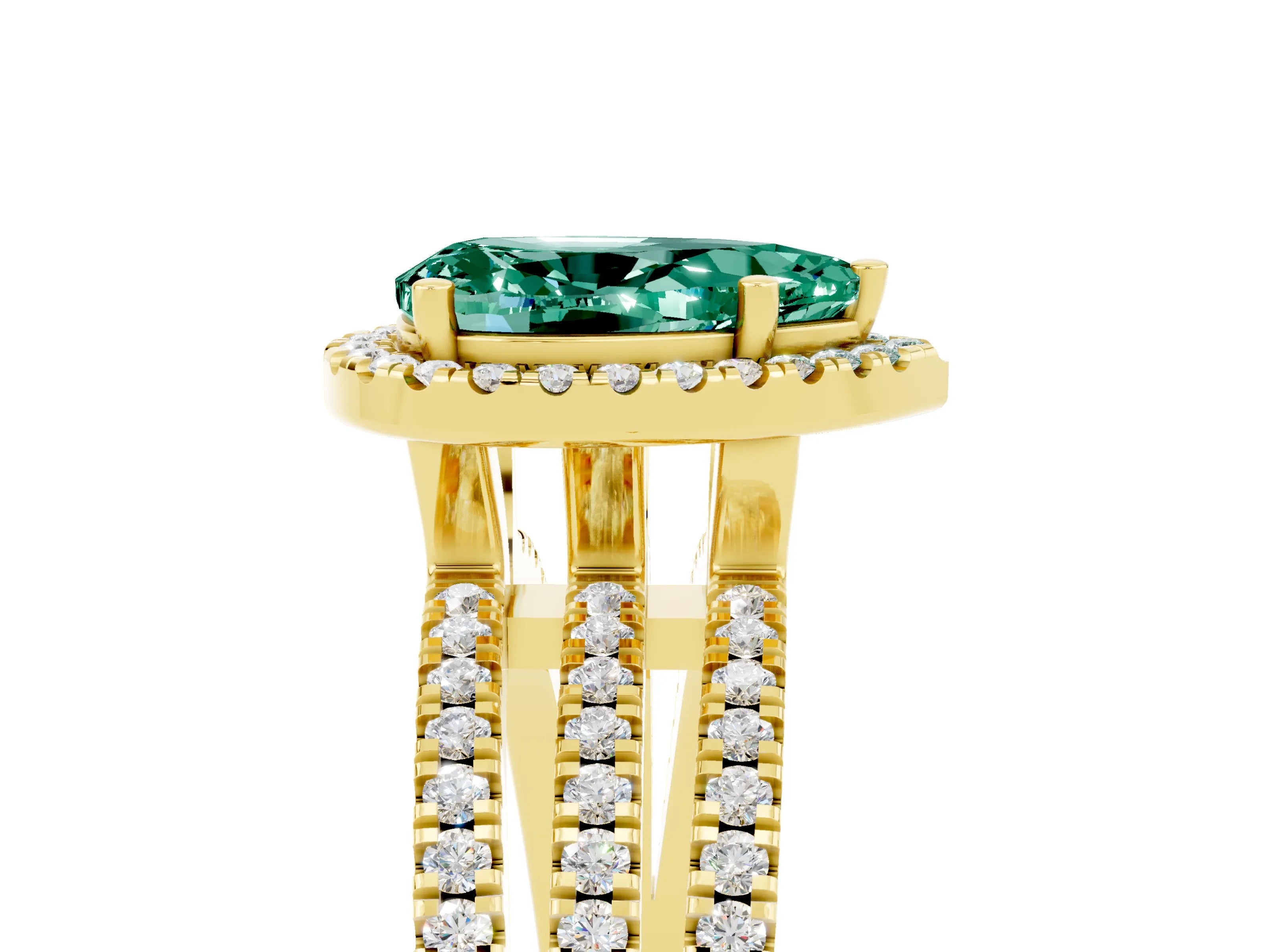 Yellow gold {shape_name} Green Sapphire Halo Engagement Ring with Split Shank and Four-Prong Setting_5