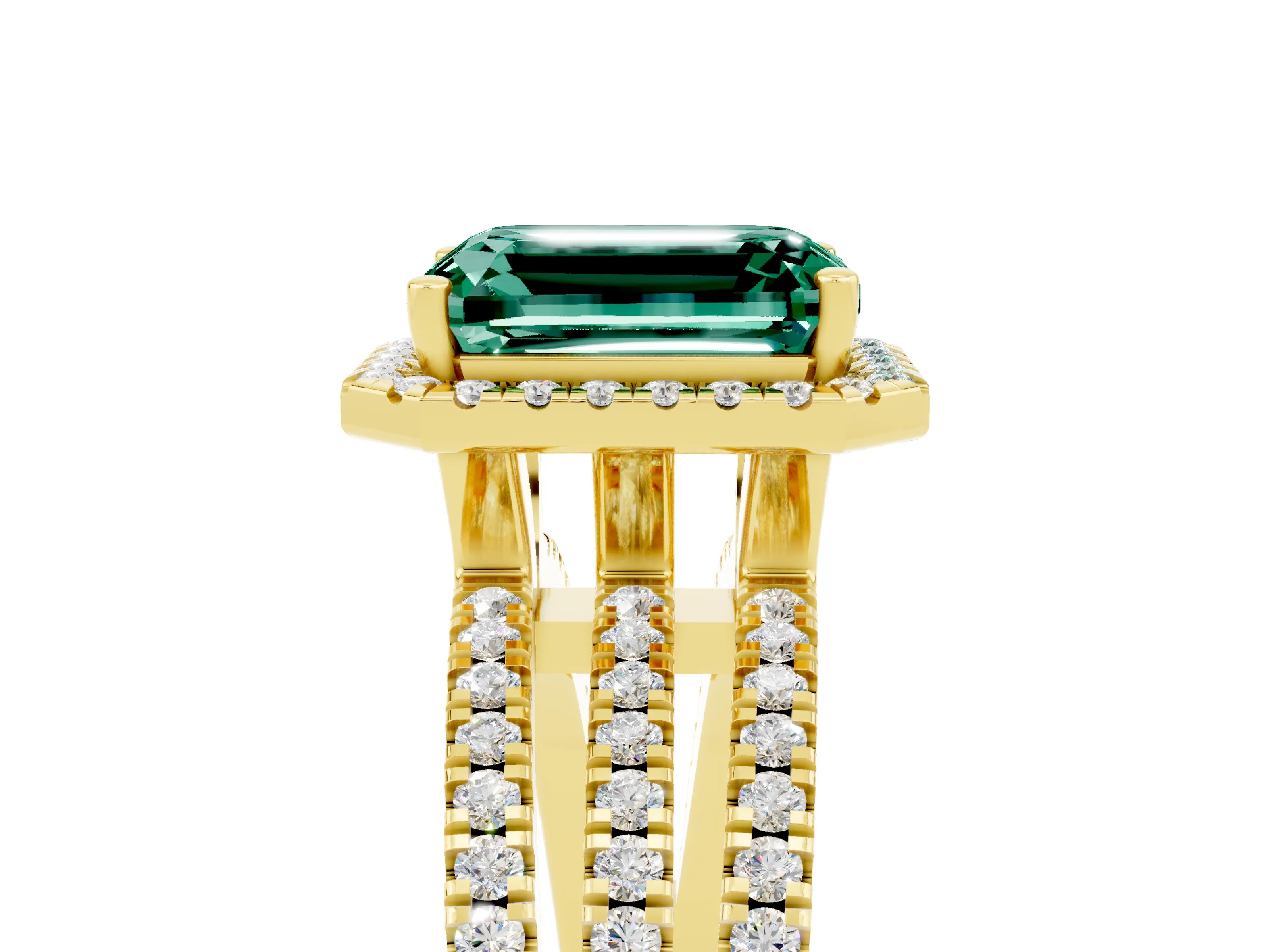 Yellow gold {shape_name} Green Sapphire Halo Engagement Ring with Split Shank and Four-Prong Setting_5