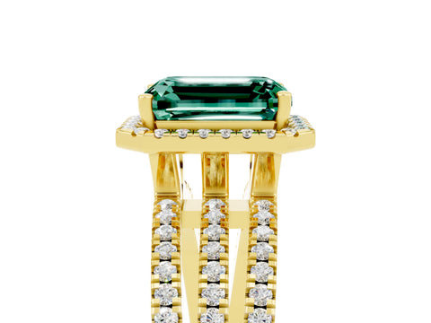 Yellow gold {shape_name} Green Sapphire Halo Engagement Ring with Split Shank and Four-Prong Setting_5