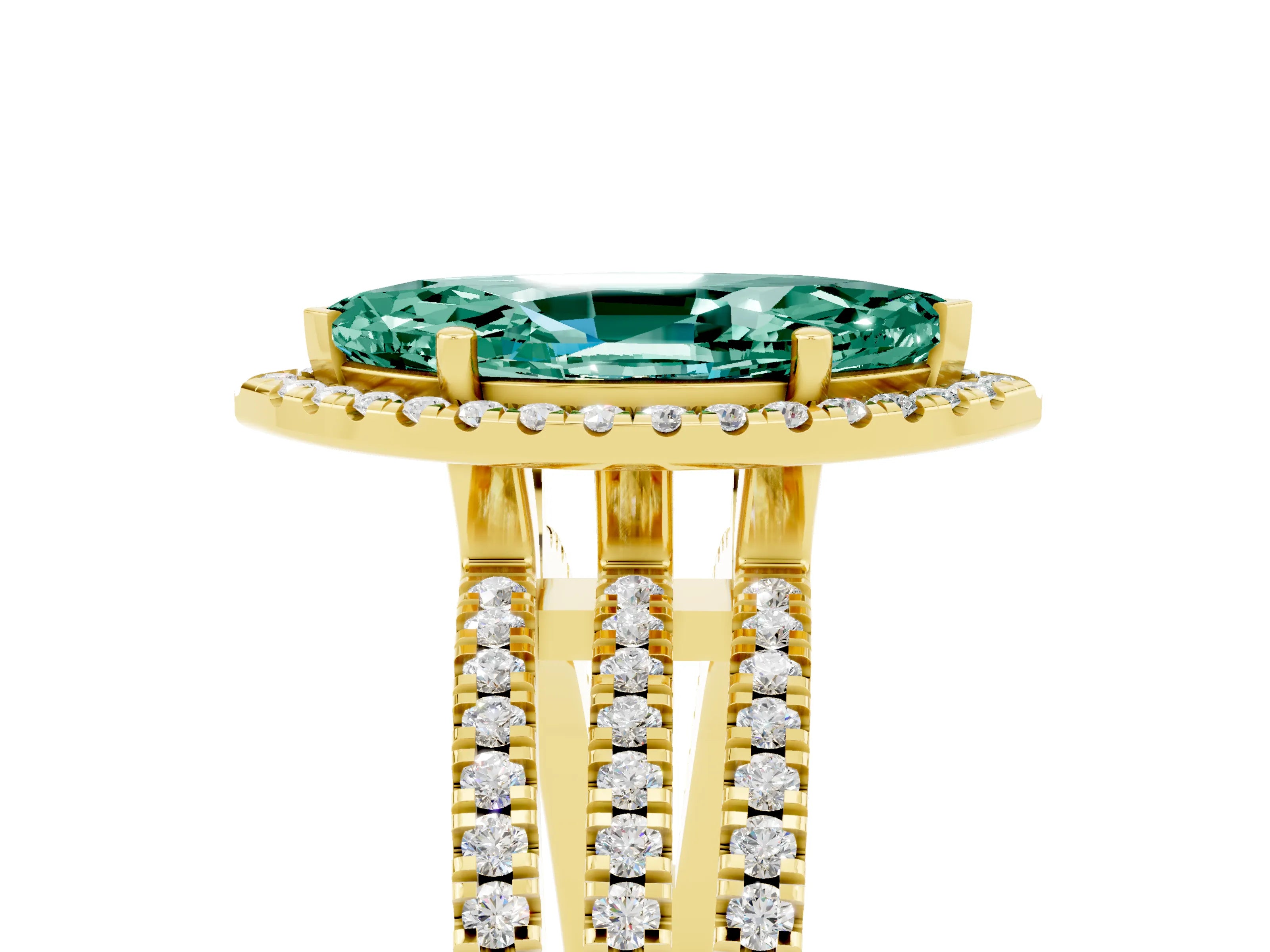 Yellow gold {shape_name} Green Sapphire Halo Engagement Ring with Split Shank and Four-Prong Setting_5