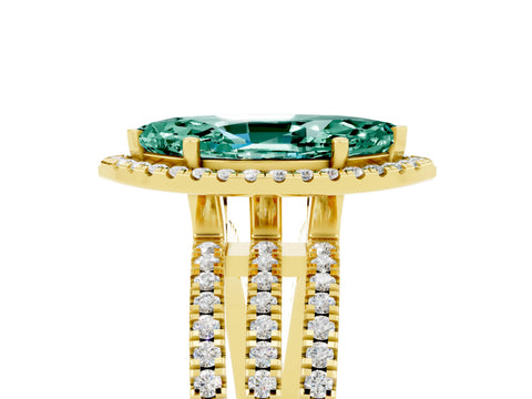 Yellow gold {shape_name} Green Sapphire Halo Engagement Ring with Split Shank and Four-Prong Setting_5