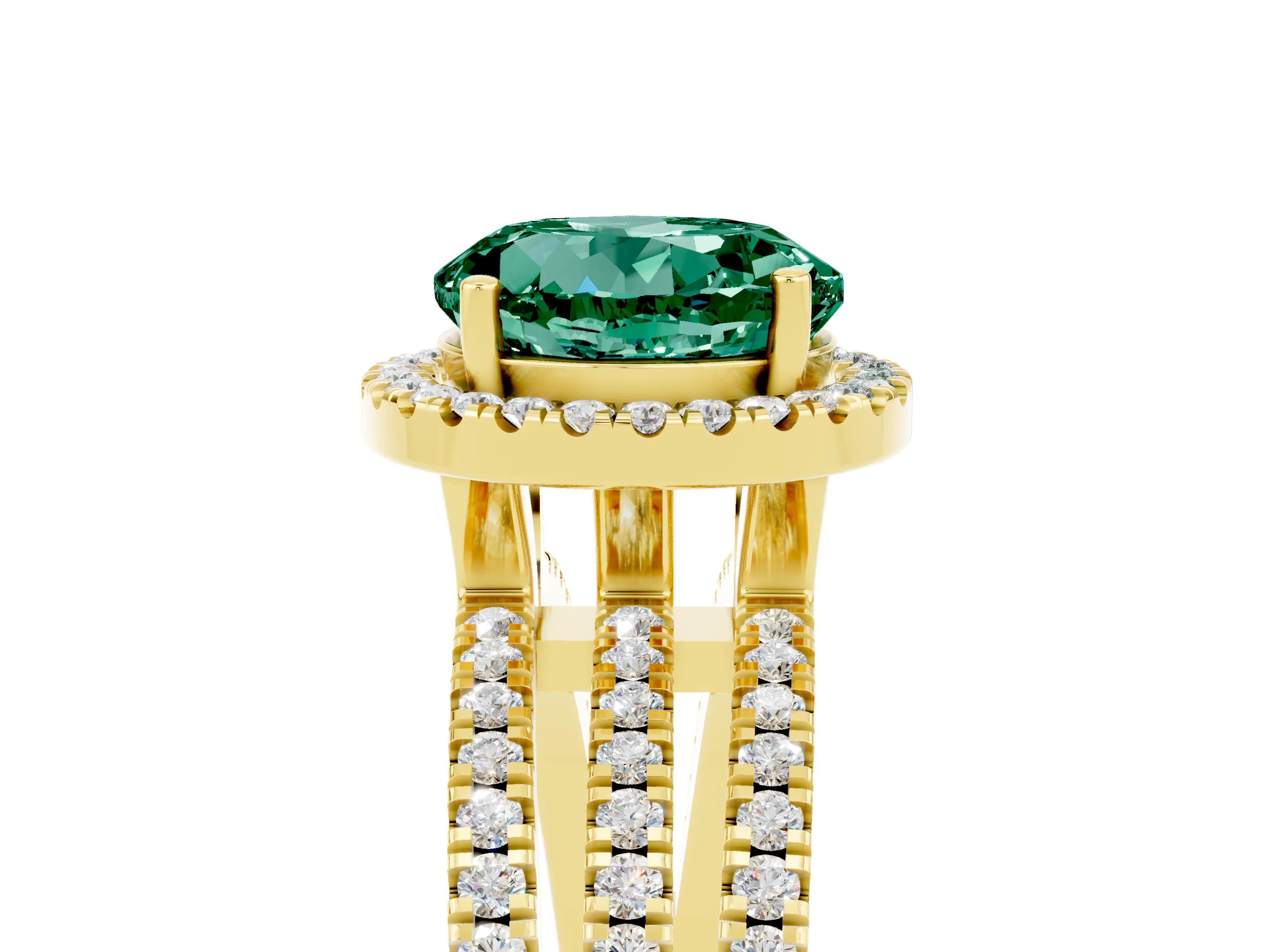Yellow gold {shape_name} Green Sapphire Halo Engagement Ring with Split Shank and Four-Prong Setting_5