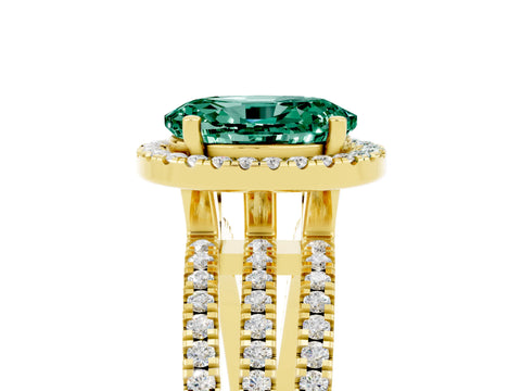 Yellow gold {shape_name} Green Sapphire Halo Engagement Ring with Split Shank and Four-Prong Setting_5