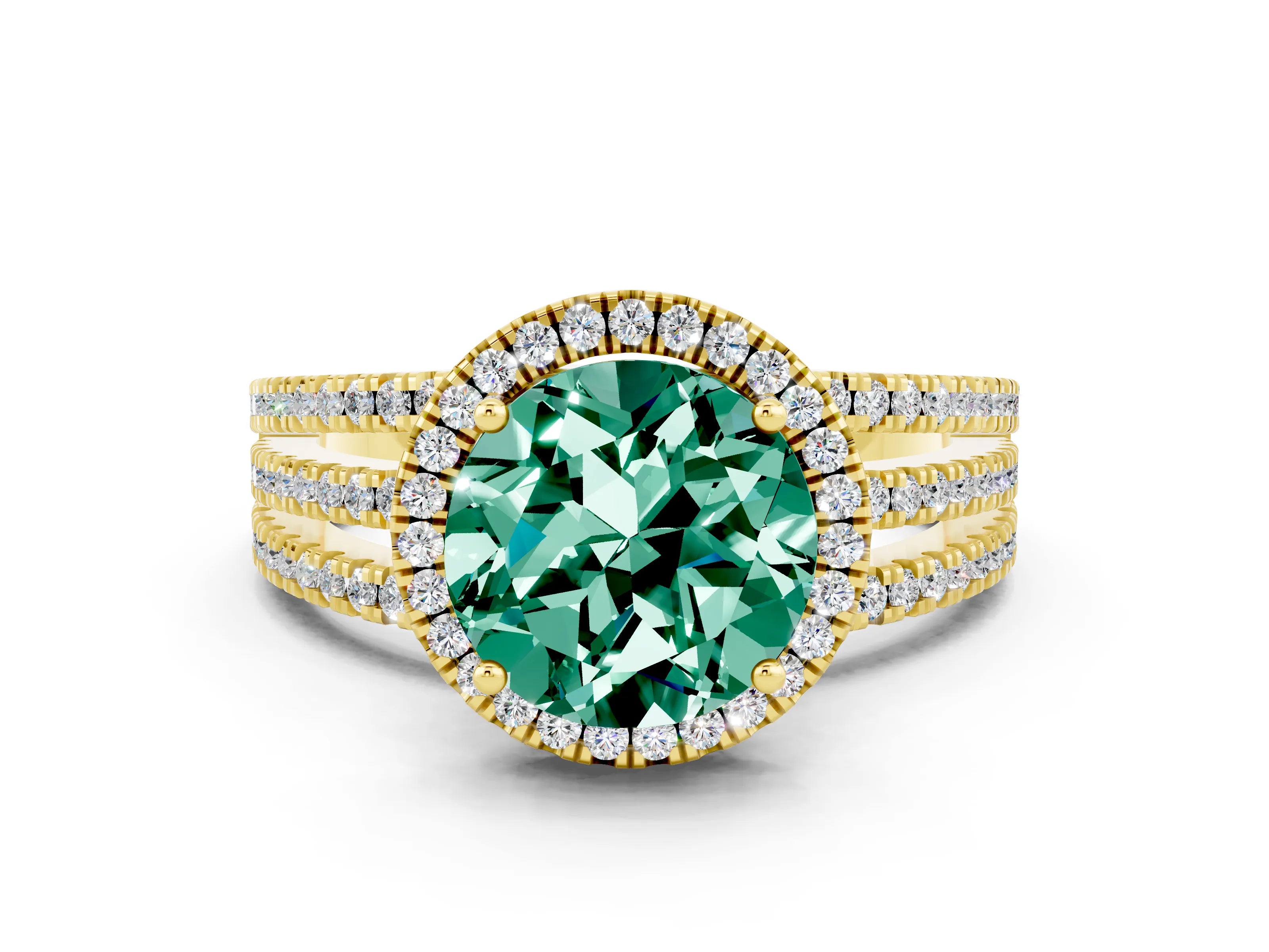 Yellow gold {shape_name} Green Sapphire Halo Engagement Ring with Split Shank and Four-Prong Setting