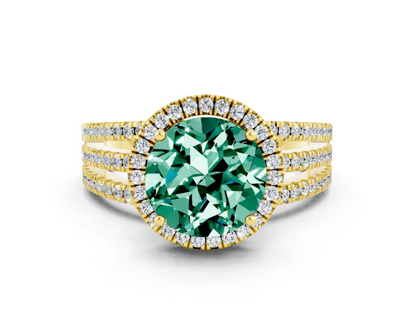 Yellow gold Round Cut Green Sapphire Halo Engagement Ring with Split Shank and Four-Prong Setting