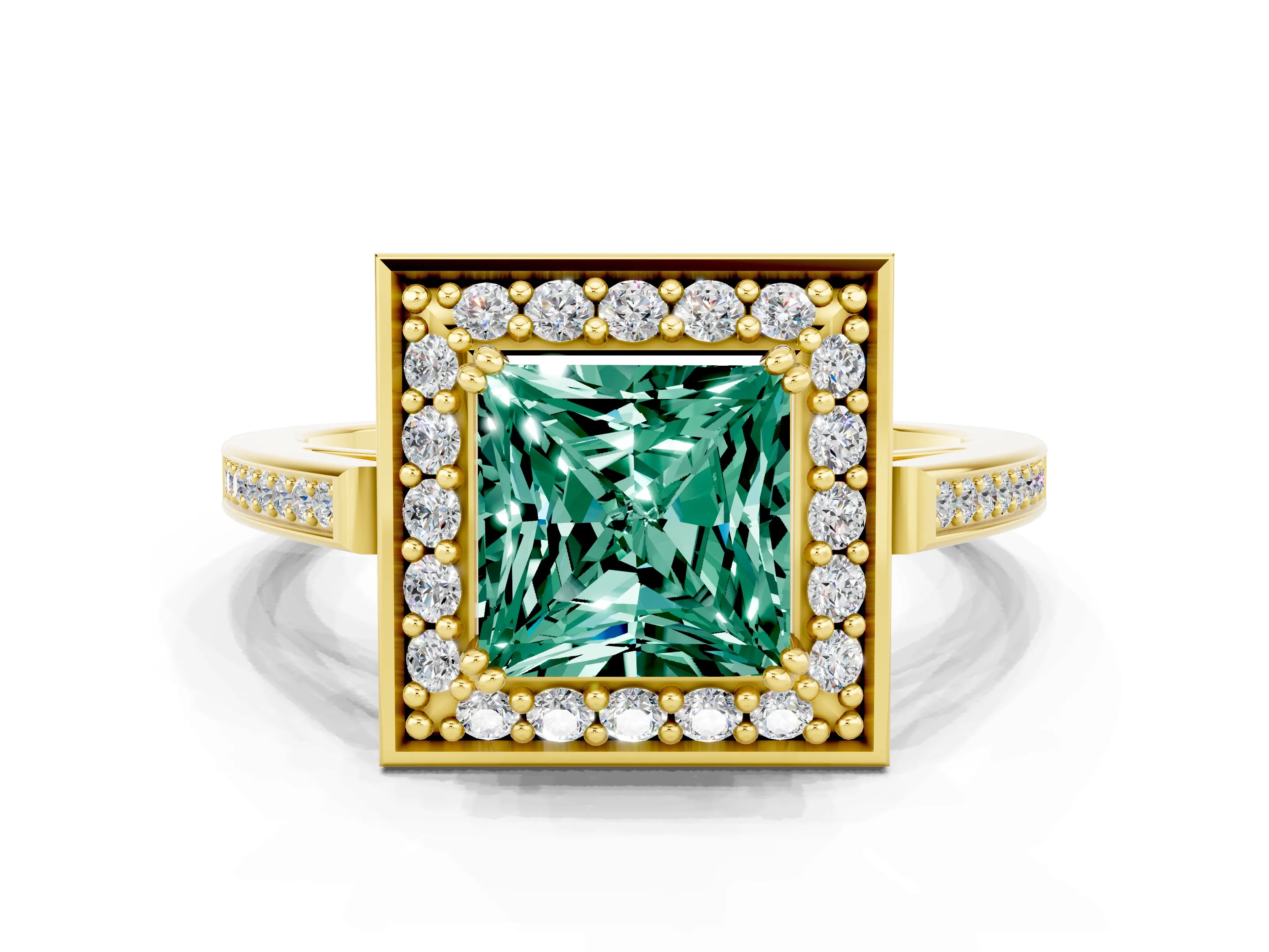Yellow gold {shape_name} Green Sapphire Halo Ring with Split Shank and Four-Prong Setting