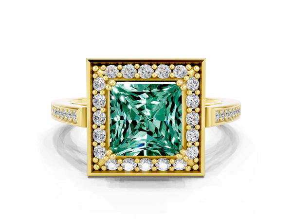 Yellow gold Princess Cut Green Sapphire Halo Ring with Split Shank and Four-Prong Setting