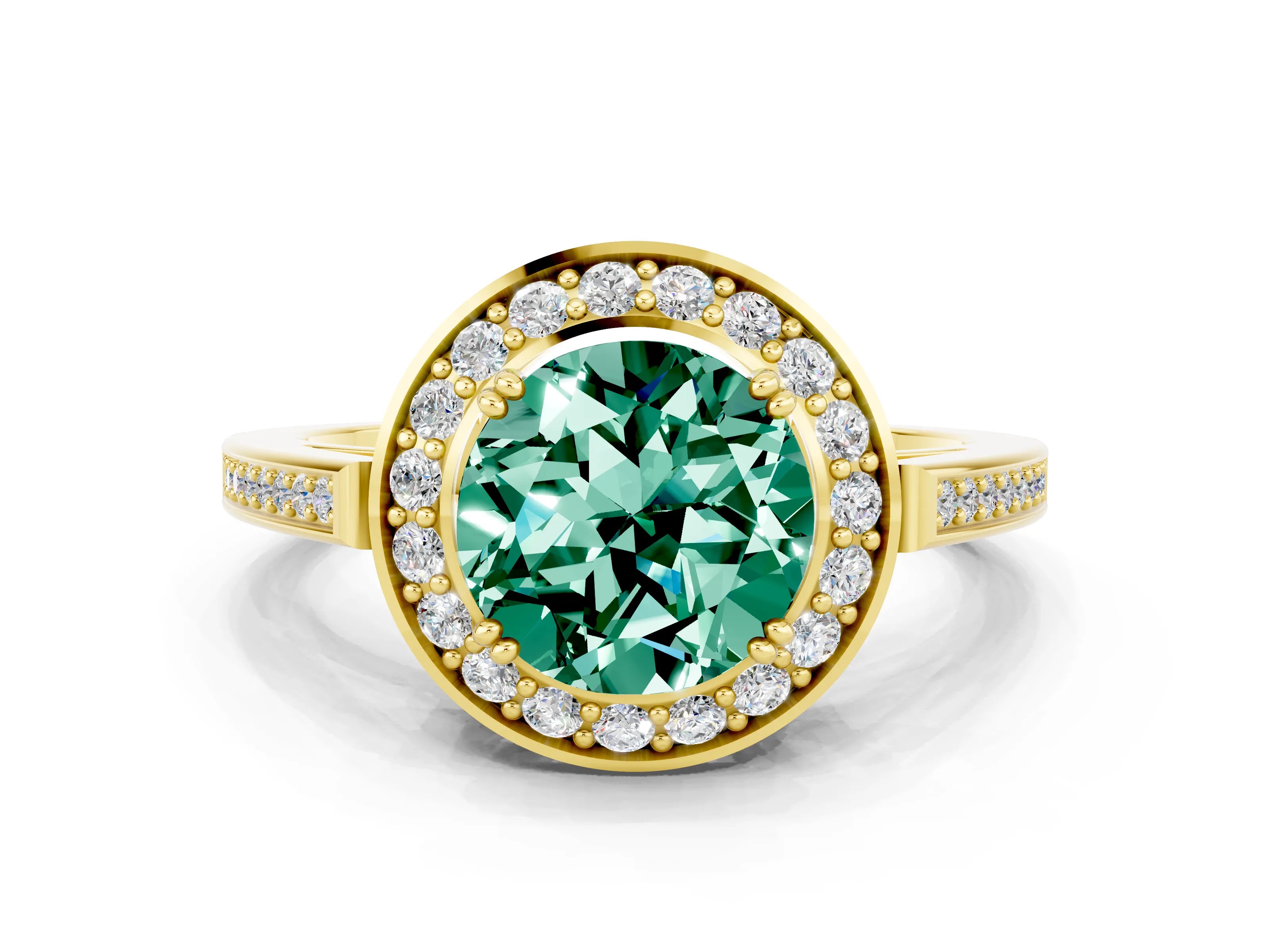 Yellow gold {shape_name} Green Sapphire Halo Ring with Split Shank and Four-Prong Setting