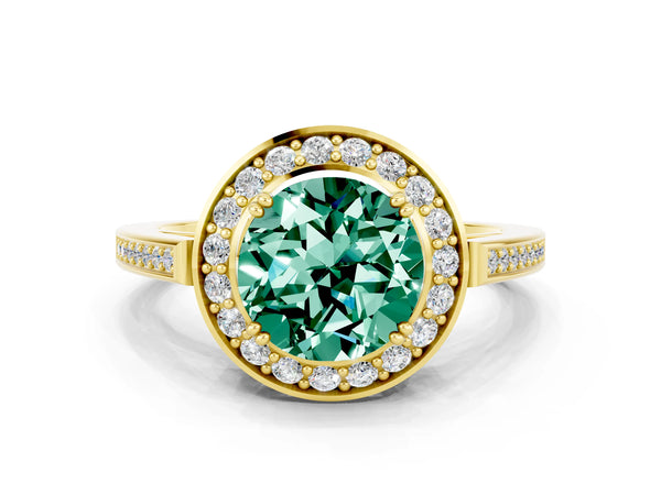Yellow gold Round Cut Green Sapphire Halo Ring with Split Shank and Four-Prong Setting