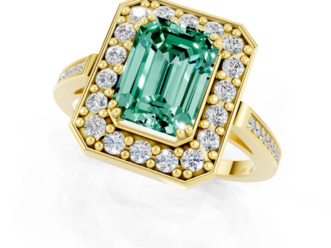 Yellow gold {shape_name} Green Sapphire Halo Ring with Split Shank and Four-Prong Setting_1