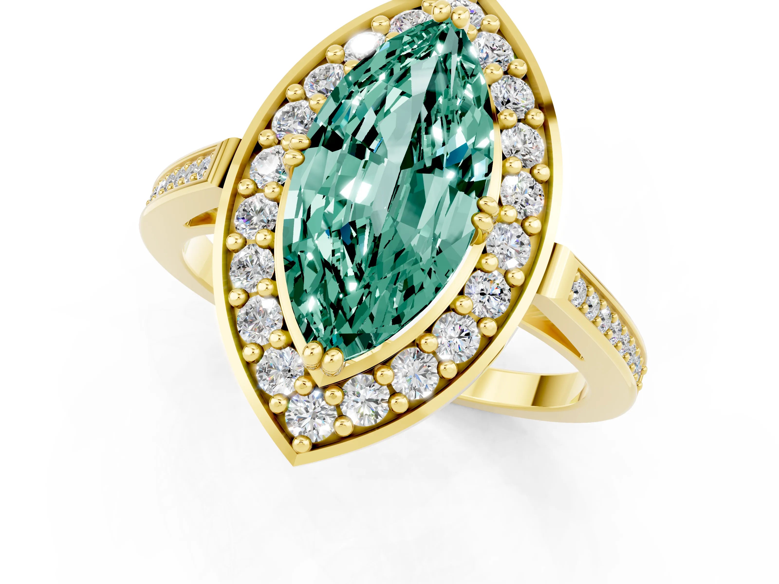 Yellow gold {shape_name} Green Sapphire Halo Ring with Split Shank and Four-Prong Setting_1
