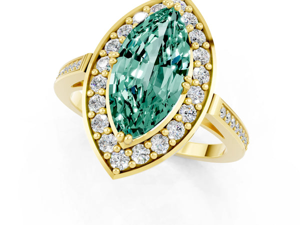 Yellow gold Marquise Cut Green Sapphire Halo Ring with Split Shank and Four-Prong Setting