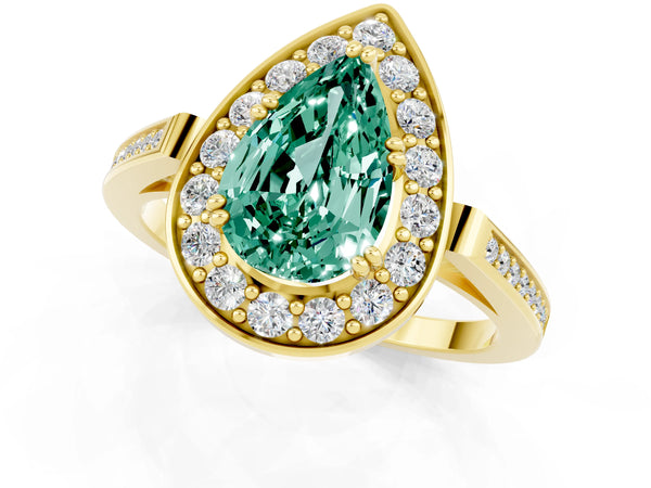 Yellow gold Pear Cut Green Sapphire Halo Ring with Split Shank and Four-Prong Setting