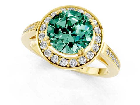 Yellow gold {shape_name} Green Sapphire Halo Ring with Split Shank and Four-Prong Setting_1
