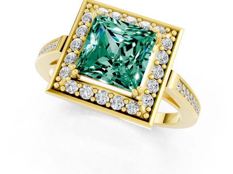 Yellow gold {shape_name} Green Sapphire Halo Ring with Split Shank and Four-Prong Setting_1