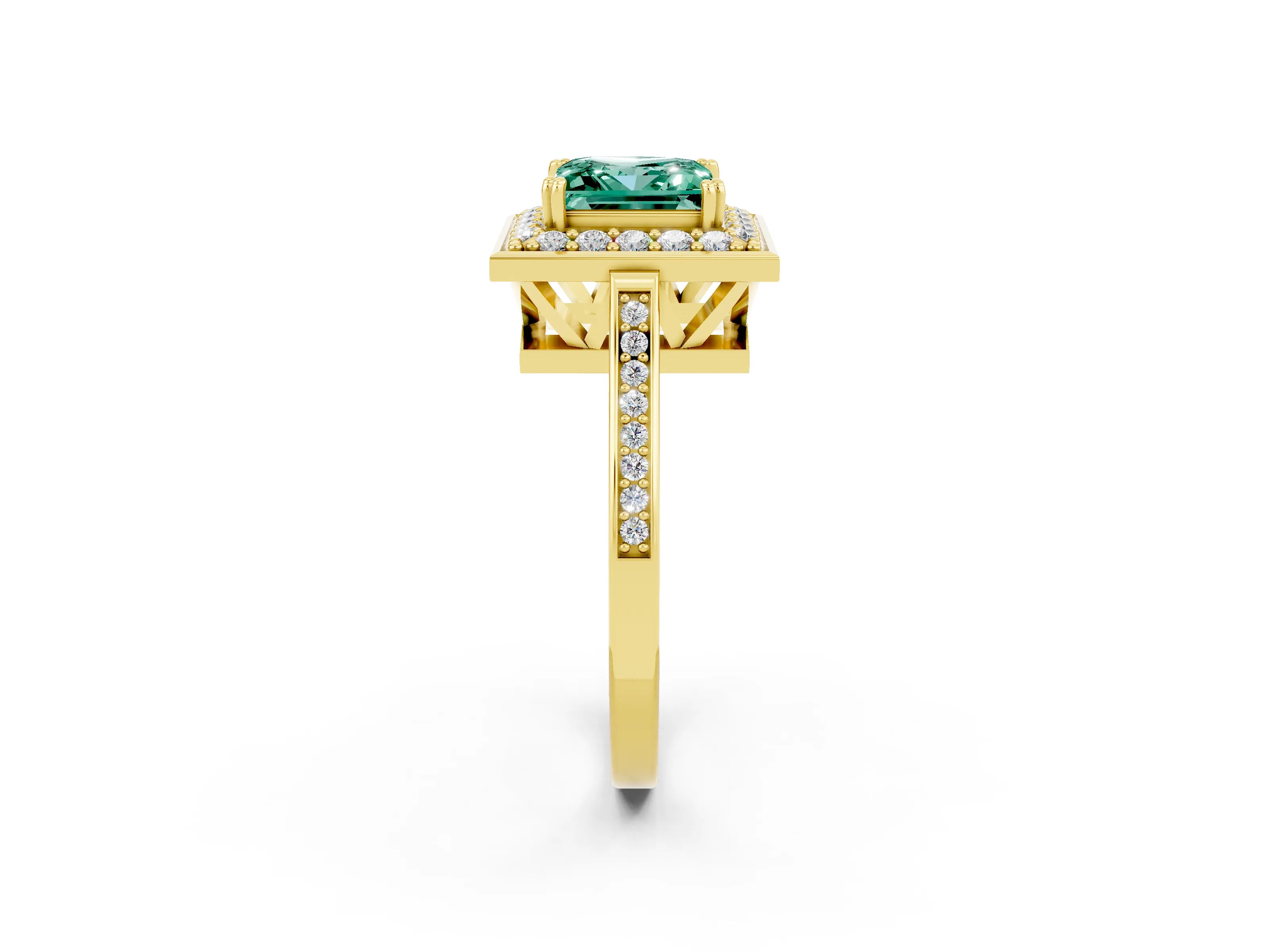 Yellow gold {shape_name} Green Sapphire Halo Ring with Split Shank and Four-Prong Setting_2