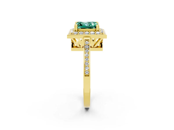 Yellow gold Princess Cut Green Sapphire Halo Ring with Split Shank and Four-Prong Setting